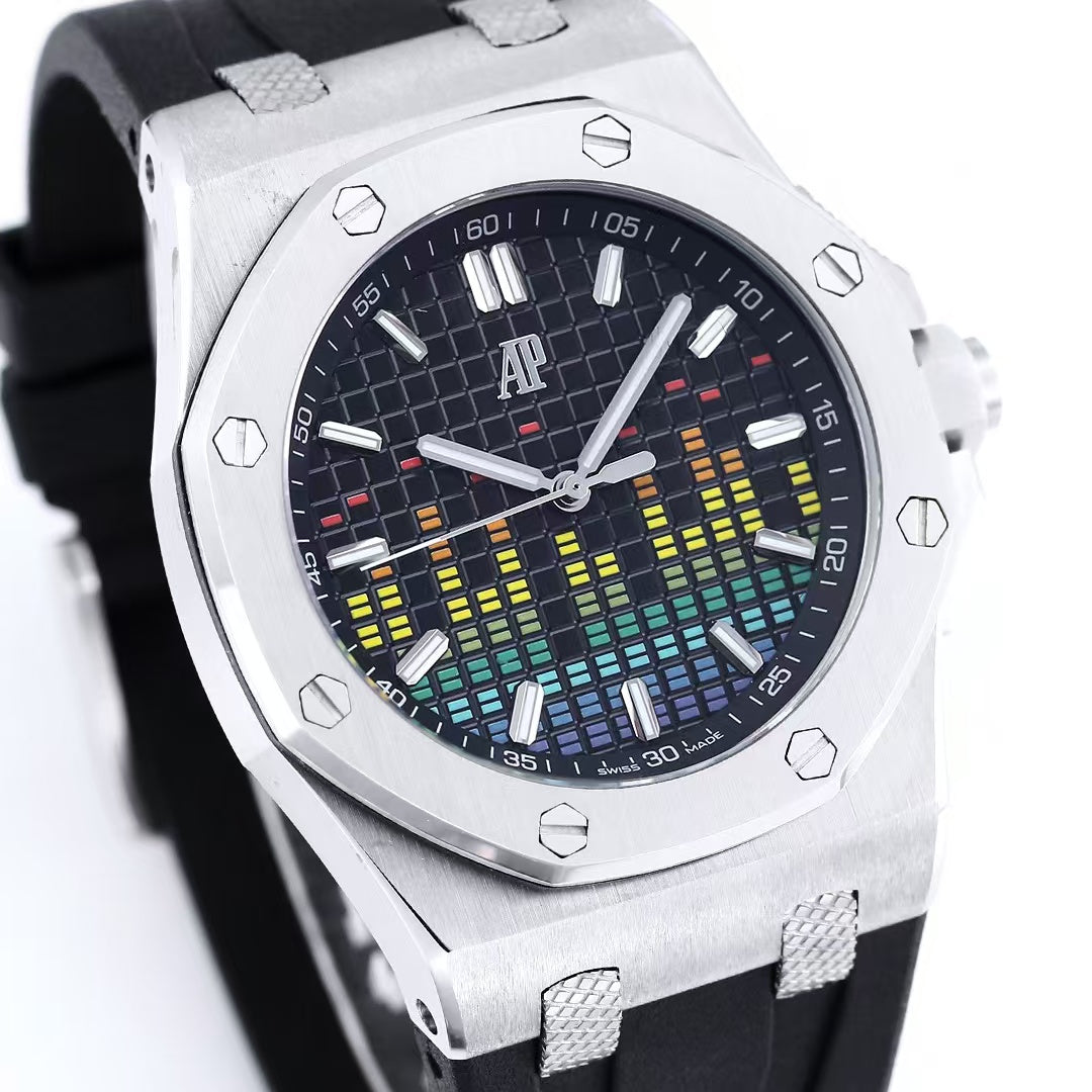 Rainbow Silver Steel- Black Rubber - Automatic - 44mm