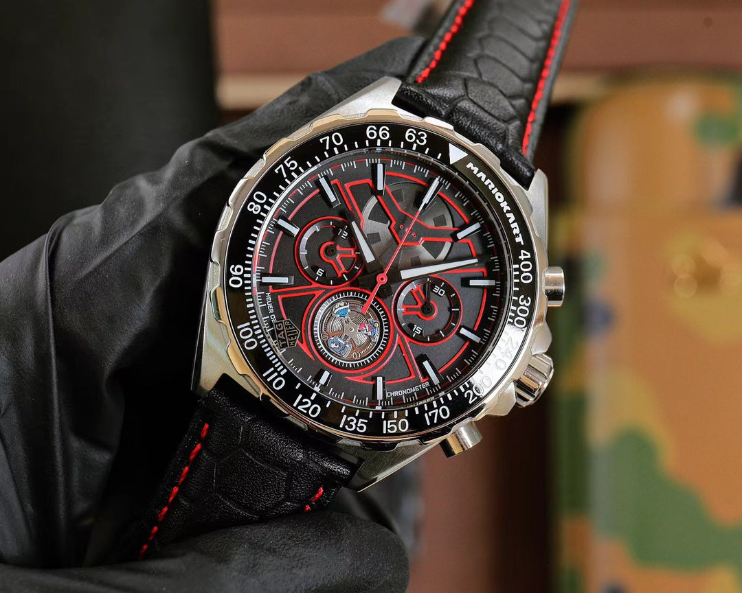 Chronograph - Red - Black Leather - Quartz - 41mm
