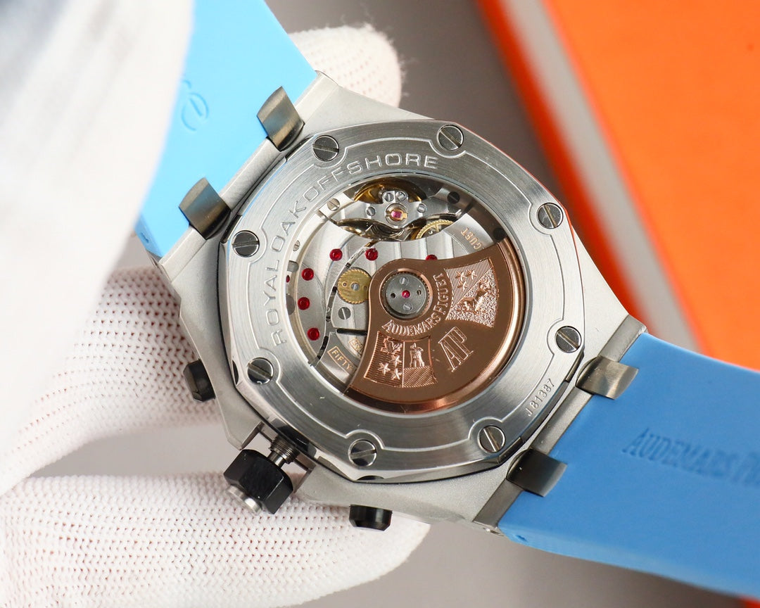 Chronograph - Baby blue White Ceramic Bezel - Blue Rubber - Automatic - 44mm