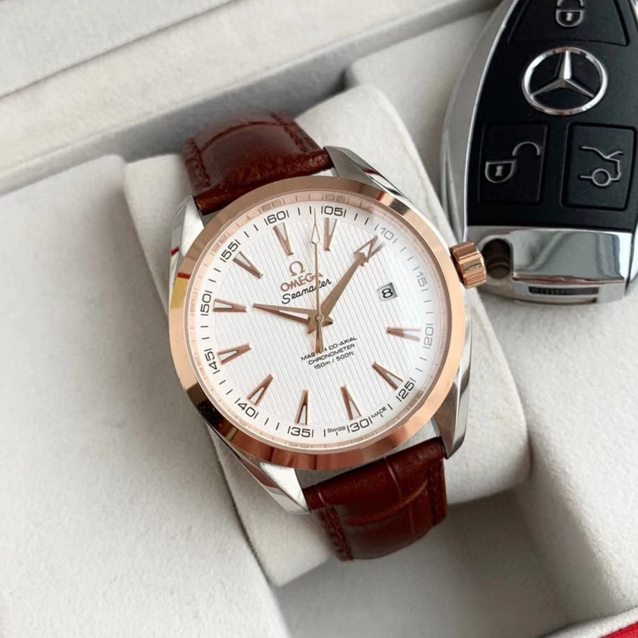 Yellow gold-White- Brown Leather - Automatic -8500- 41mm