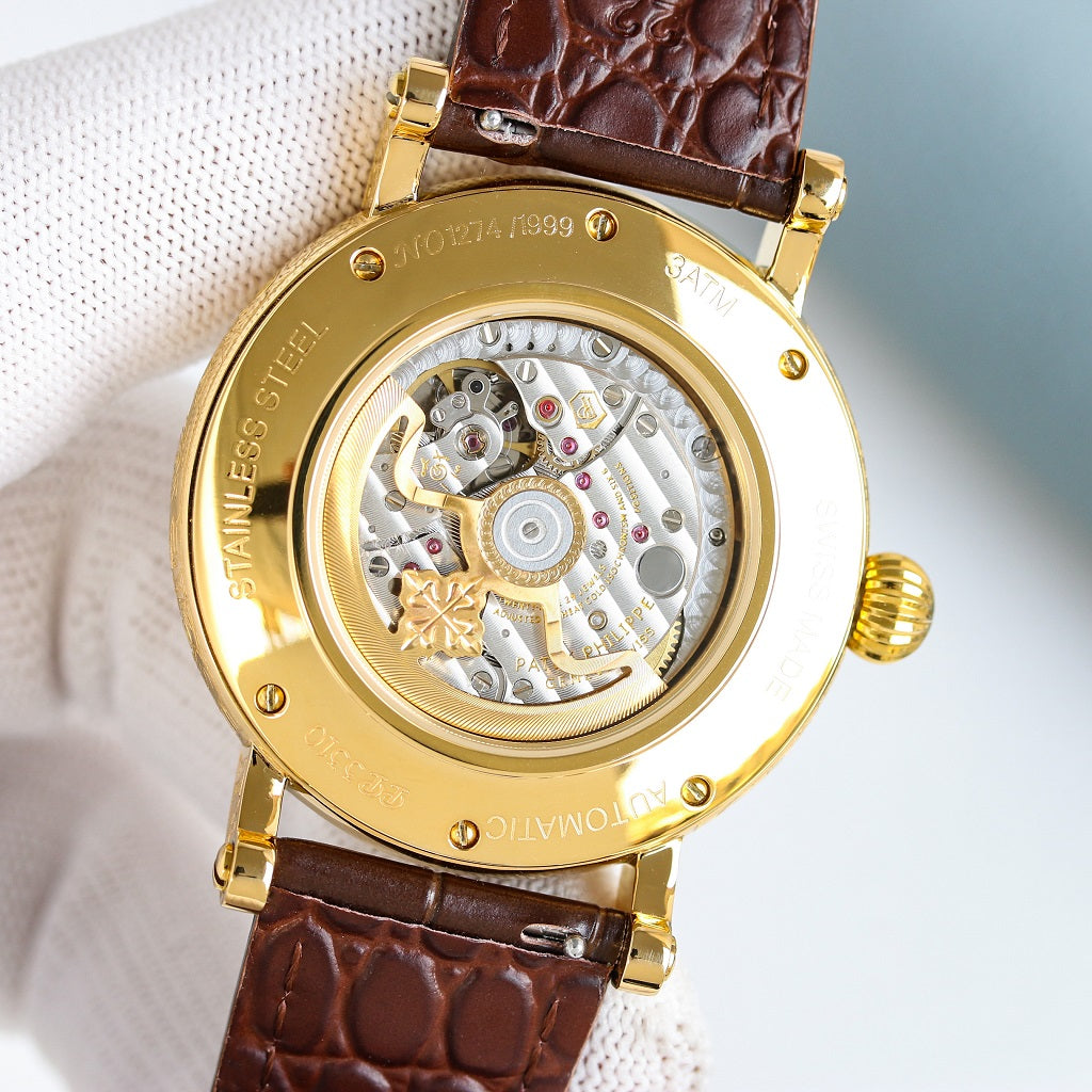Yellow gold -White Silver - Brown Leather - Automatic - 42mm