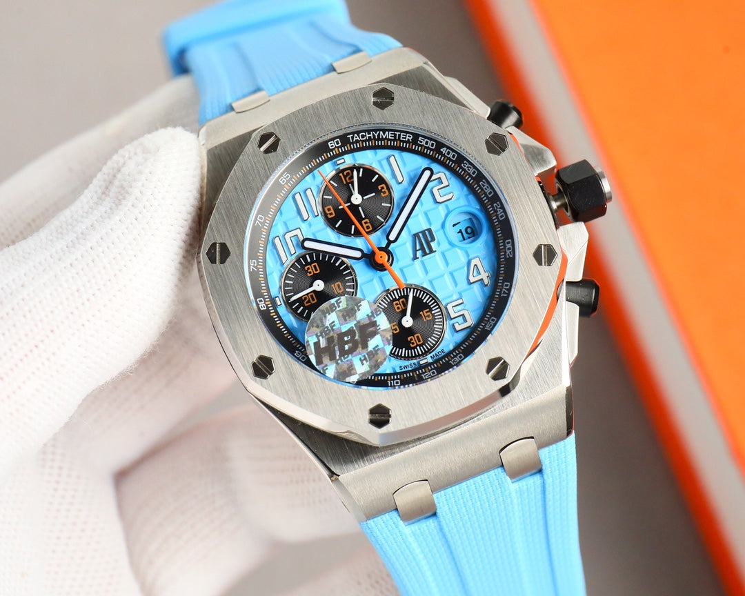 Chronograph - Baby blue White Ceramic Bezel - Blue Rubber - Automatic - 44mm