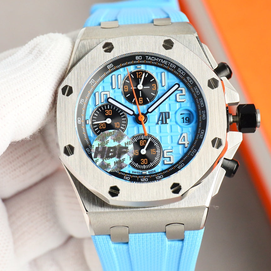 Chronograph - Baby blue White Ceramic Bezel - Blue Rubber - Automatic - 44mm