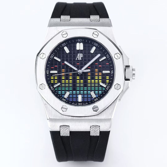 Rainbow Silver Steel- Black Rubber - Automatic - 44mm