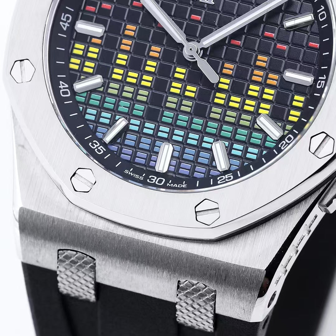 Rainbow Silver Steel- Black Rubber - Automatic - 44mm