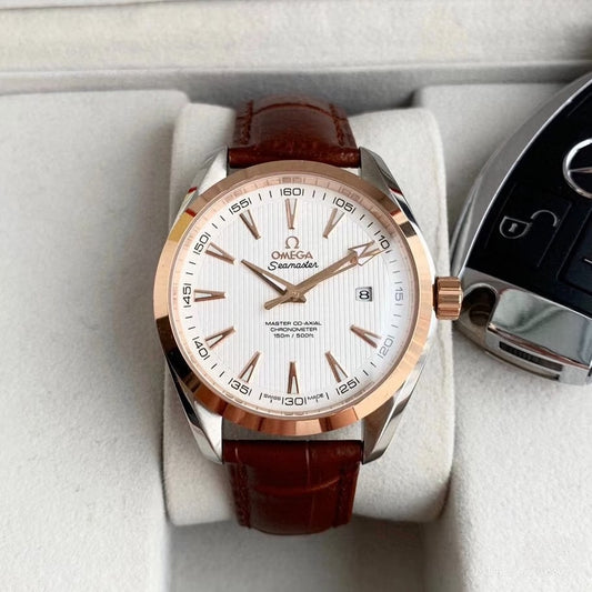 Yellow gold-White- Brown Leather - Automatic -8500- 41mm