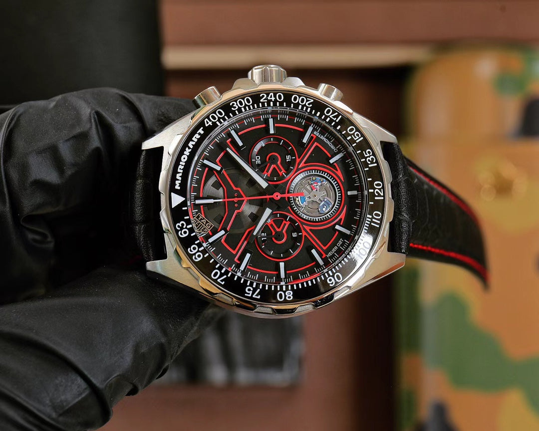 Chronograph - Red - Black Leather - Quartz - 41mm