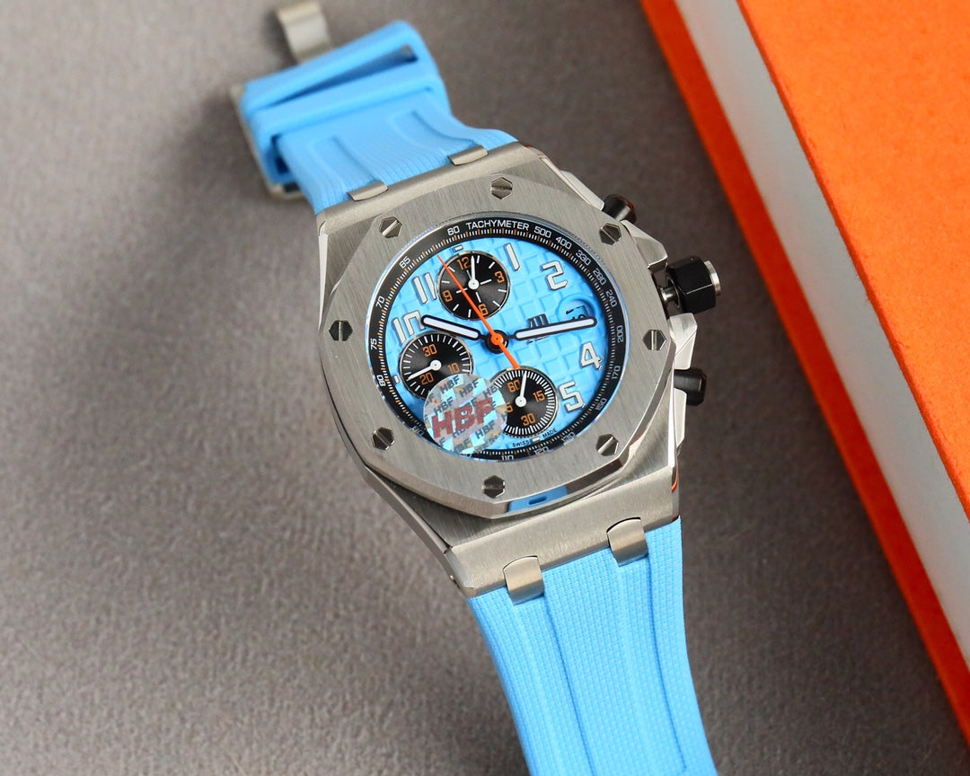 Chronograph - Baby blue White Ceramic Bezel - Blue Rubber - Automatic - 44mm