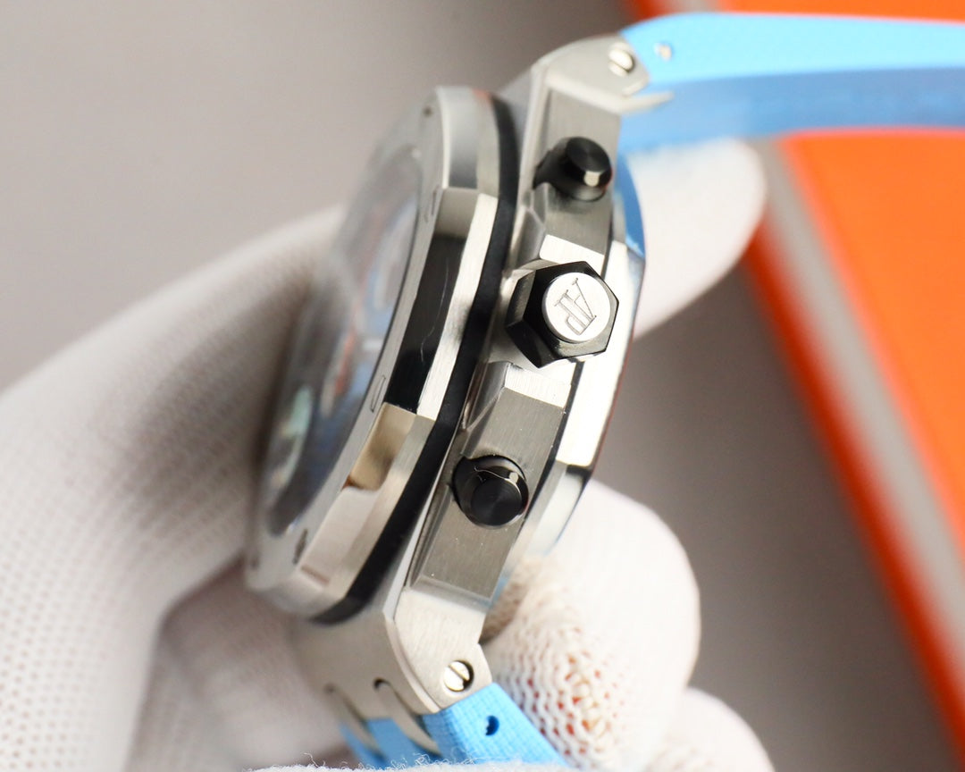 Chronograph - Baby blue White Ceramic Bezel - Blue Rubber - Automatic - 44mm