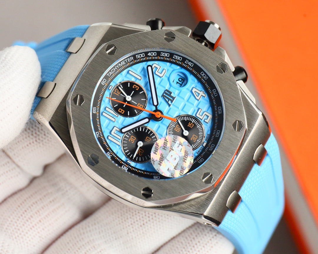 Chronograph - Baby blue White Ceramic Bezel - Blue Rubber - Automatic - 44mm