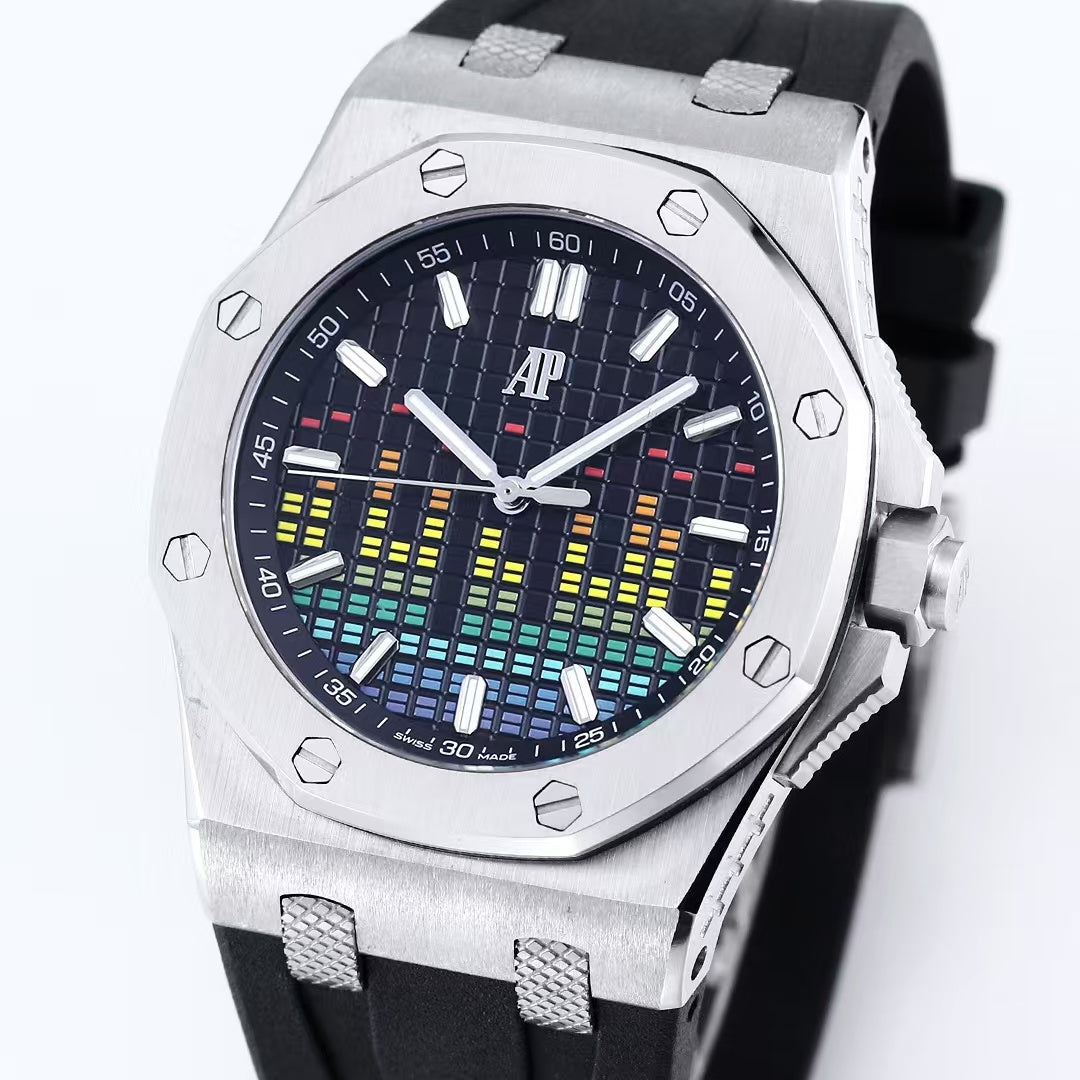 Rainbow Silver Steel- Black Rubber - Automatic - 44mm