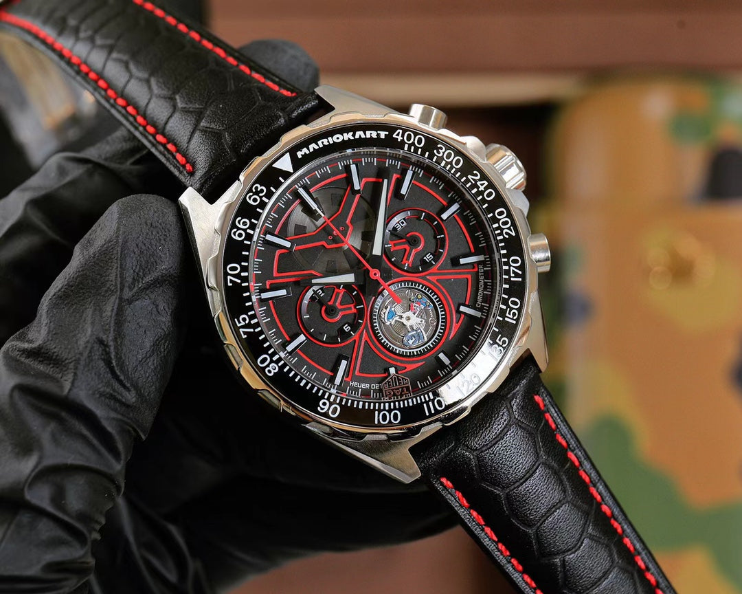 Chronograph - Red - Black Leather - Quartz - 41mm