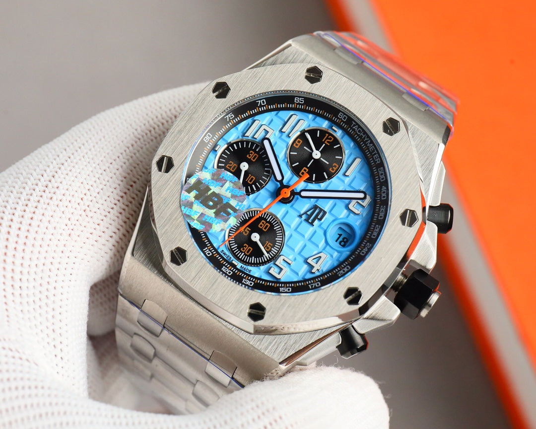 Chronograph - Baby blue White Ceramic Bezel - Silver 904L Steel - Automatic - 44mm